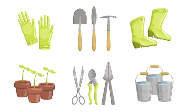 Ensemble d'outils de jardin, Équipement de jardinage, Pot de fleurs, Ciseaux, Taille, Bottes en caoutchouc, Illustration vectorielle de gants — Image vectorielle