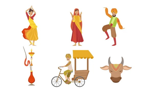 Pueblo Indio en Ropa Tradicional Símbolos del País Conjunto, Rickshaw, Vaca Sagrada y Pueblo Indio en Ropa Tradicional Vector Ilustración — Vector de stock