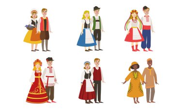 Çeşitli Ülkelerin Erkek ve Kadın Giyinmiş Halk Kostümleri Set, Danimarka, Ukrayna, Rusya, Almanya, Finlandiya, Nijerya Vektör İllüstrasyon