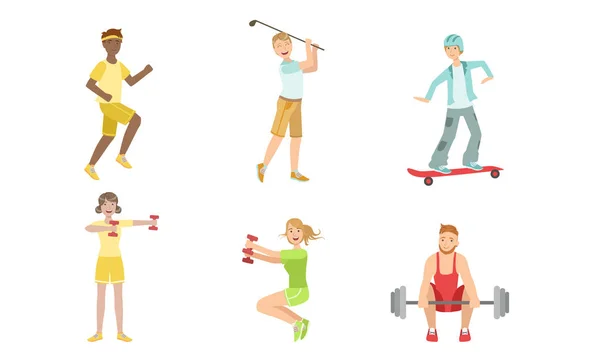 Gente haciendo diferentes tipos de deportes, hombres y mujeres deportistas corriendo, jugando al golf, monopatín, haciendo ejercicio con campanas y barra Vector Illustration — Vector de stock