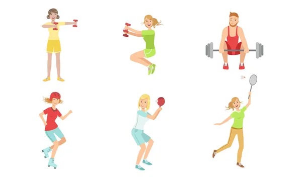 Mensen doen verschillende soorten sport set, sportieve mannen en vrouwen oefenen met dumbbells en barbell, tafel tennis en badminton vector illustratie spelen — Stockvector