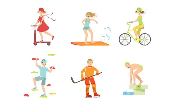 Personas que hacen diferentes tipos de deportes, Surfboarder, ciclista, escalador, jugador de hockey, nadador, chica montando patada scooter vector ilustración — Archivo Imágenes Vectoriales