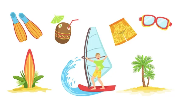 Atividades Desportivas de Verão e Hobbies Set, Man Relaxing on Summer Vacation, Yachting and Surfing Vector Illustration —  Vetores de Stock