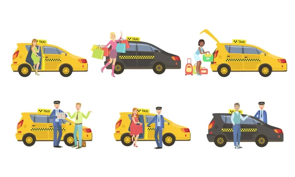 Servizio Taxi Set, Taxi Driver in giallo auto e passeggeri, Clienti cattura Auto vettoriale Illustrazione — Vettoriale Stock