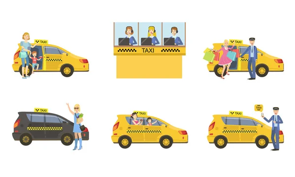 Набор услуг такси, водитель такси в желтом автомобиле и пассажиры, клиенты ловят такси, вызов оператора службы поддержки векторной иллюстрации — стоковый вектор