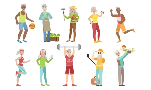 Senioren verschiedene Aktivitäten und Hobbys eingestellt, gesunder und aktiver Lebensstil fröhlicher älterer Männer und Frauen — Stockvektor