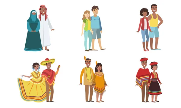 様々な国の民族衣装を着た男女セット、ペルー、アメイカンインディアン、アメリカ、メキシコ、UAEベクトルイラスト — ストックベクタ
