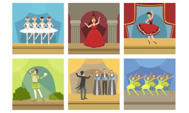 Sahne Setinde Sahne Alan Aktörler, Opera Şarkıcıları ve Bale Dansçılarıyla Müzik Konseri, Tiyatro Sahnesi İç Vektör İllüstrasyonu