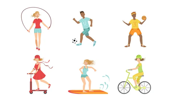 Menschen, die verschiedene Arten von Sport-Set, Hockey, Fußball, Basketballspieler, Surfboarder, Radfahrer, Mädchen springen mit Seil, Reiten Kick Scooter Vektor Illustration — Stockvektor