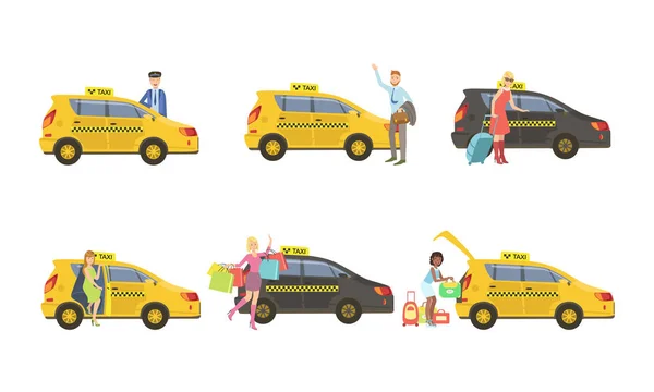 Taxi Service szett, taxisofőr a sárga autó várakozási utasok és a szállítás az emberek a cél, az ügyfelek gyönyörködtető Auto Vector illusztráció — Stock Vector