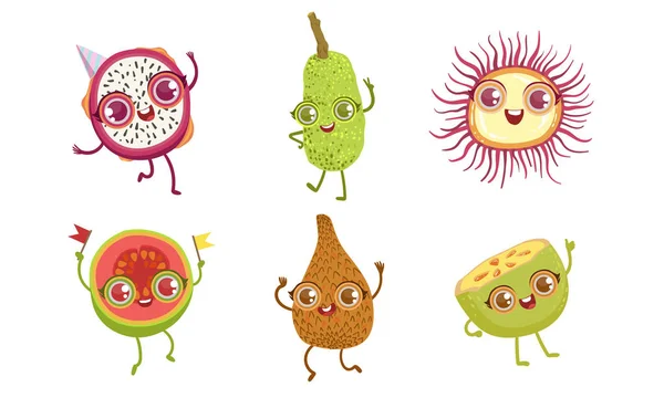Divertidos personajes de frutas tropicales Conjunto, Dragón, Fruta de Serpiente, Guava, Rambutan Vector Ilustración — Vector de stock