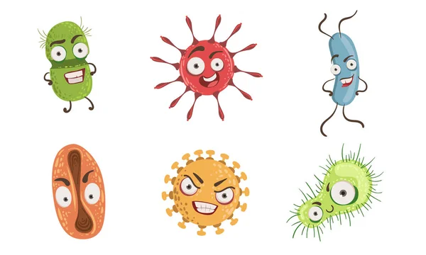 Cute Funny Microbes Set, Colorful Bacterias and Pathogens Characters With Various Emotions Vector Illustration — Stock Vector