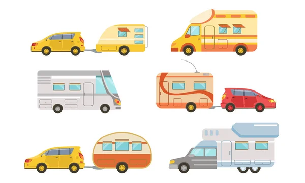 Gyűjteménye Camper vagy kereskedelmi pótkocsik, autó trailer, trailering, kemping, szabadtéri kalandok Vector illusztráció — Stock Vector
