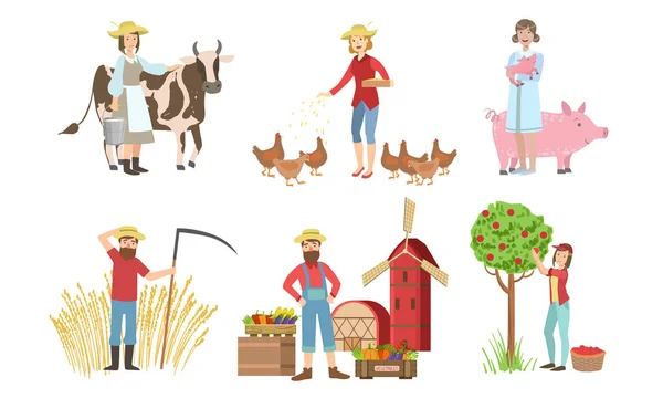 Menschen, die auf Bauernhof und Garten arbeiten, männliche und weibliche Bauern Charaktere ernten, Tiere füttern, Gemüse auf dem Bauernmarkt Vektor Illustration verkaufen — Stockvektor