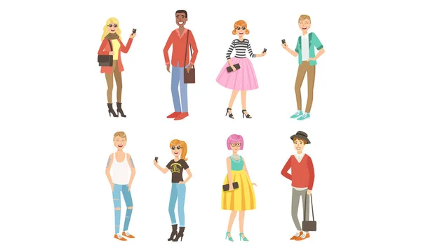 Young People in Fashion Clothes, harismatic Boys and Girls Characters Wearing Stylish Trendy Clothes Vector Illustration — Stockvector