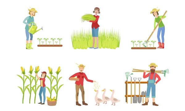 Personas que trabajan en el conjunto de granjas y jardines, hombres y mujeres agricultores personajes cosecha, alimentación de aves de corral, regar plantas Vector Ilustración — Vector de stock