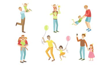 Babalar ve Çocukları Birlikte İyi Vakit Geçiren Set, Babalar Oyun Oynama, Yürüyüş, Çocukları vektör çizimi ile eğlenme