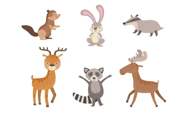 Cute Wild Forest Animals Set, Gopher, Hare, Raccoon, Deer, Elk Badger Vector Illustration — Stock Vector