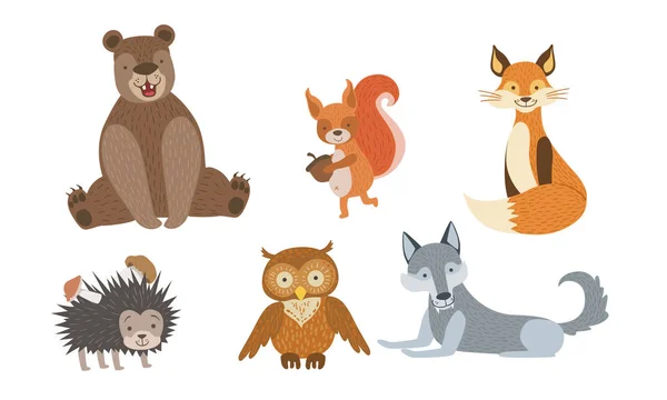 Cute Wild Forest Animals Set, Bear, Squirrel, Fox, Hedgehog, Owl, Wolf Vector Illustration — Stock Vector