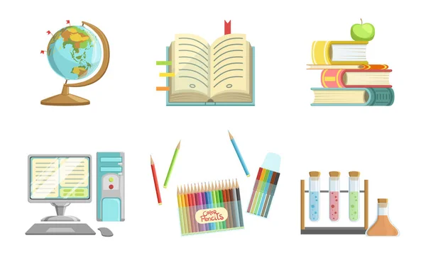 Schulbedarf-Set, Globus, Copybook, Bücher, Apfel, Computer, Bleistift, Reagenzgläser-Vektorillustration — Stockvektor