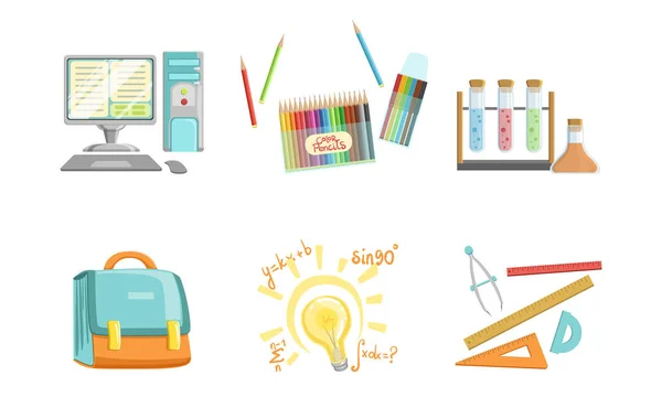 Schoolbenodigdheden set, computer, kleurpotloden, reageerbuizen, liniaal, kompas tool, driehoek, Protractor, aktetas, terug naar school concept vector illustratie — Stockvector