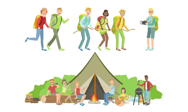 Personnages heureux ayant un ensemble de pique-nique, familles voyageant en vacances d'été Illustration vectorielle — Image vectorielle