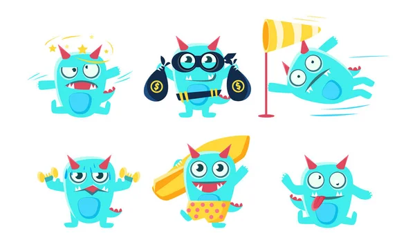 Schattig cartoon monster karakter set, grappige blauwe duivel in verschillende situaties vector illustratie — Stockvector