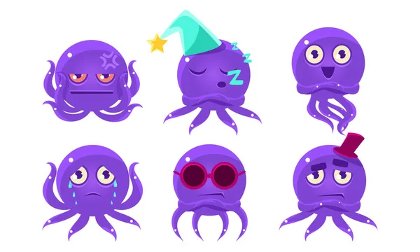 Cute Purple Glossy Octopus Character Set, Funny Sea Creature Emoticon Emoticon Illustration — стоковый вектор