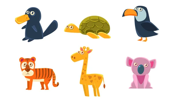 Collection of Cute Exotic Animals, Tiger, Giraffe, Koala, Platypus, Turtle, Toucan Vector Illustration — Stock Vector