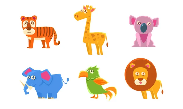 Collection of Cute Exotic Animals, Tiger, Giraffe, Koala, Elephant, Parrot, Lion Vector Illustration — Stock Vector