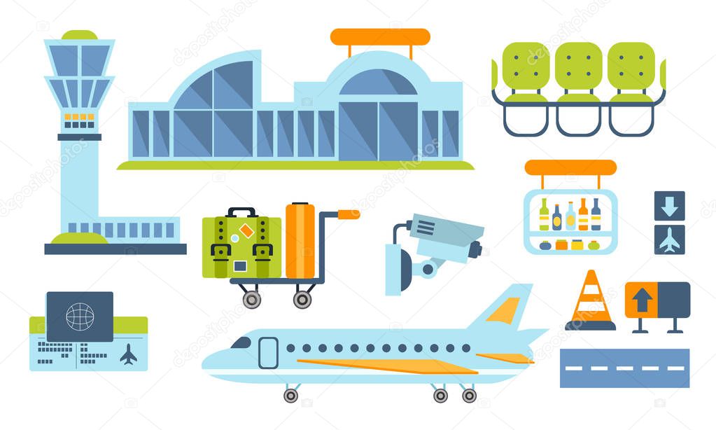 Airport Design Elements Set, Airport Terminal, Airplane, Waiting Room Vector Illustration