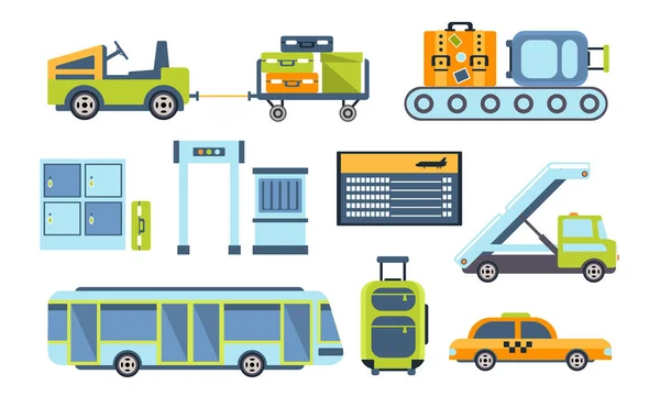 Set de elementos de diseño de aeropuertos, diferentes tipos de transporte, instalaciones de servicio, punto de control de seguridad, ilustración vectorial — Archivo Imágenes Vectoriales