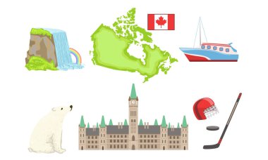 Kanada Geleneksel Semboller ve Konumlar Set, Niagara Sonbahar, Harita, Gemi, Parlamento Binası, Poalr Bear, Hokey İşaretleri Vektör İllüstrasyon