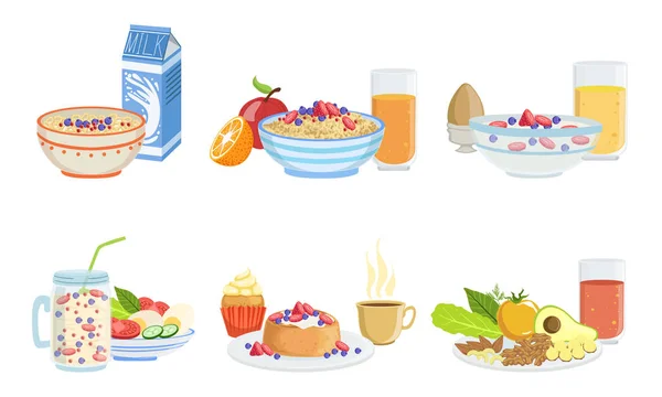 Набор полезных блюд для завтрака, классическое меню с мюсли, овсянкой, смузи, блинами, фруктами, овощами и ягодами — стоковый вектор