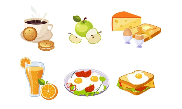 Colección de Comida de Desayuno, Comida Saludable y Bebidas Diferentes Conjuntos Vector Illustration — Vector de stock