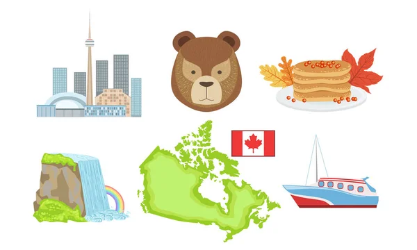Традиционные канадские пироги и пироги, медведь, блины, Ниагарский водопад, карта, корабельный вектор — стоковый вектор