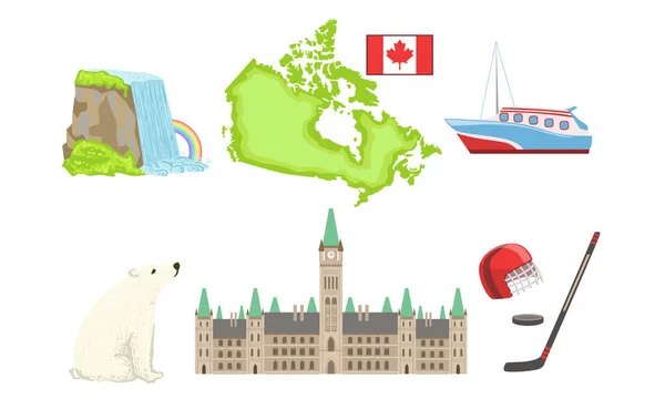 Канада традиционные символы и аттракционы набор, Ниагарский водопад, карта, корабль, здание парламента, Poalr медведь, хоккейные знаки векторные иллюстрации — стоковый вектор