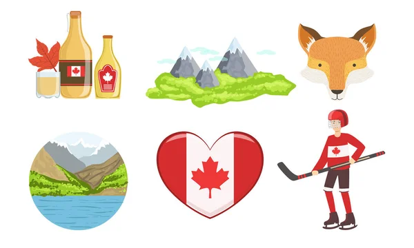 Conjunto de símbolos y atracciones tradicionales de Canadá, viaje a Canadá Vector Illustration — Vector de stock