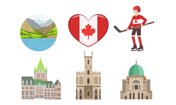 Canadá Símbolos culturales tradicionales y atracciones Set Vector Illustration — Vector de stock