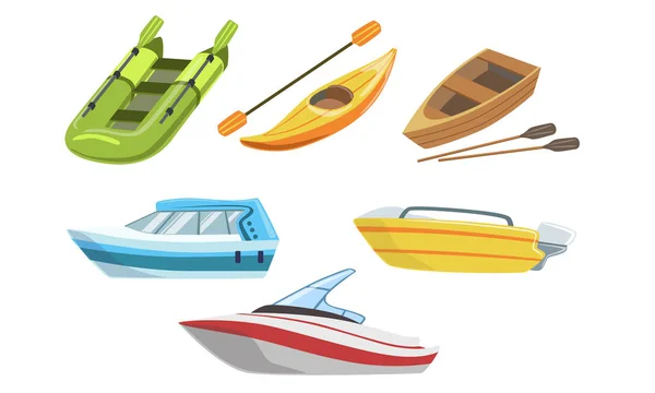 Colección de barcos, diferentes tipos de transporte de agua, barco inflable y de madera, barco de motor, ilustración de vectores de kayak — Vector de stock