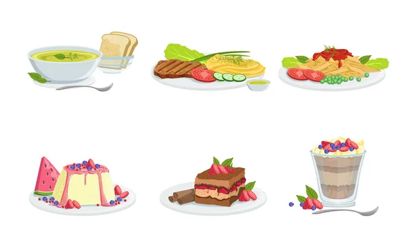 Coleção de diferentes conjuntos de alimentos, deliciosos alimentos servidos e sobremesas ilustração vetorial —  Vetores de Stock