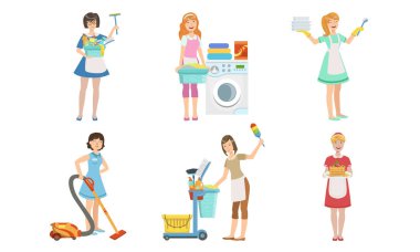Kadın Temizlik Hizmeti İşçileri Çeşitli Ev İşleri İşleri Set, Farklı Ekipman Vektör İllüstrasyon ile Önlük ev kadınları Karakterler yapıyor
