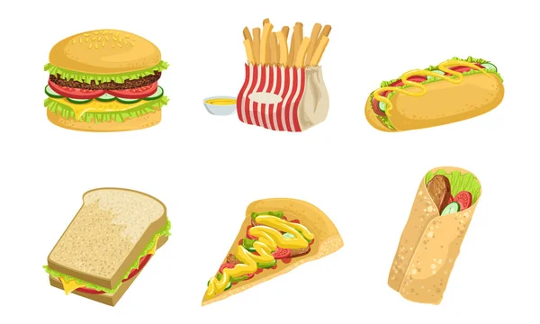 Sammlung von Fast Food, Streetfood zum Mitnehmen, Burger, Pommes, Hot Dog, Sandwich, Pizza, Shawarma, Vektorillustration — Stockvektor
