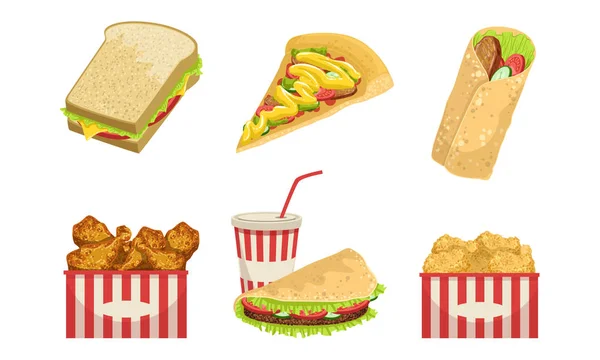 Colección de comida rápida, platos para llevar de la calle, sándwich, pizza, Shawarma, patas de pollo frito, Tako, bebida de soda Vector ilustración — Archivo Imágenes Vectoriales