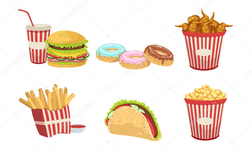 Collection of Fast Food, Takeaway Street Food Dishes, Burger, Soda Drink, French Fries, Donut, Popcorn Vector Illustration