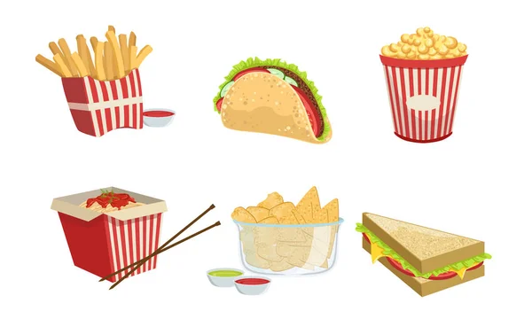 Sammlung von Fast Food, Streetfood-Gerichten zum Mitnehmen, Pommes, Tako, Popcorn, Nachos, Sandwich-Vektorillustration — Stockvektor