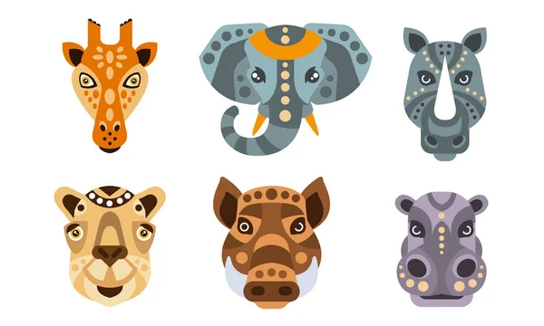 Collection of Animal Heads with Tribal Ethnic Ornament, Giraffe, Elephant, Rhino, Camel, Wild Boar, Hippo Vector Illustration — Stock Vector