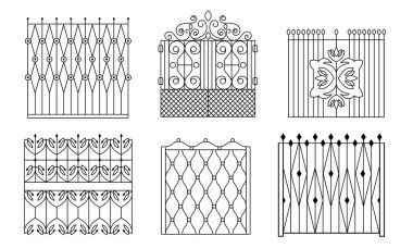 Dekoratif Siyah Ferforje Kapılar Seti, Swirls Vektör İllüstrasyon ile Vintage Çitler