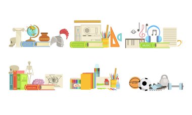 Okul Konuları Seti, Tarih, Çizim, Müzik, Anatomi, Çizim, Spor Vektör İllüstrasyon
