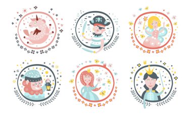 Sevimli Çocuksu Peri Masalı Çizgi Film Karakterleri Seti, Sevimli Tek boynuzlu At, Peri, Korsan, Gnome, Büyücü, Prenses, Dekorasyon Tasarım Elemanları Vektör İllüstrasyon